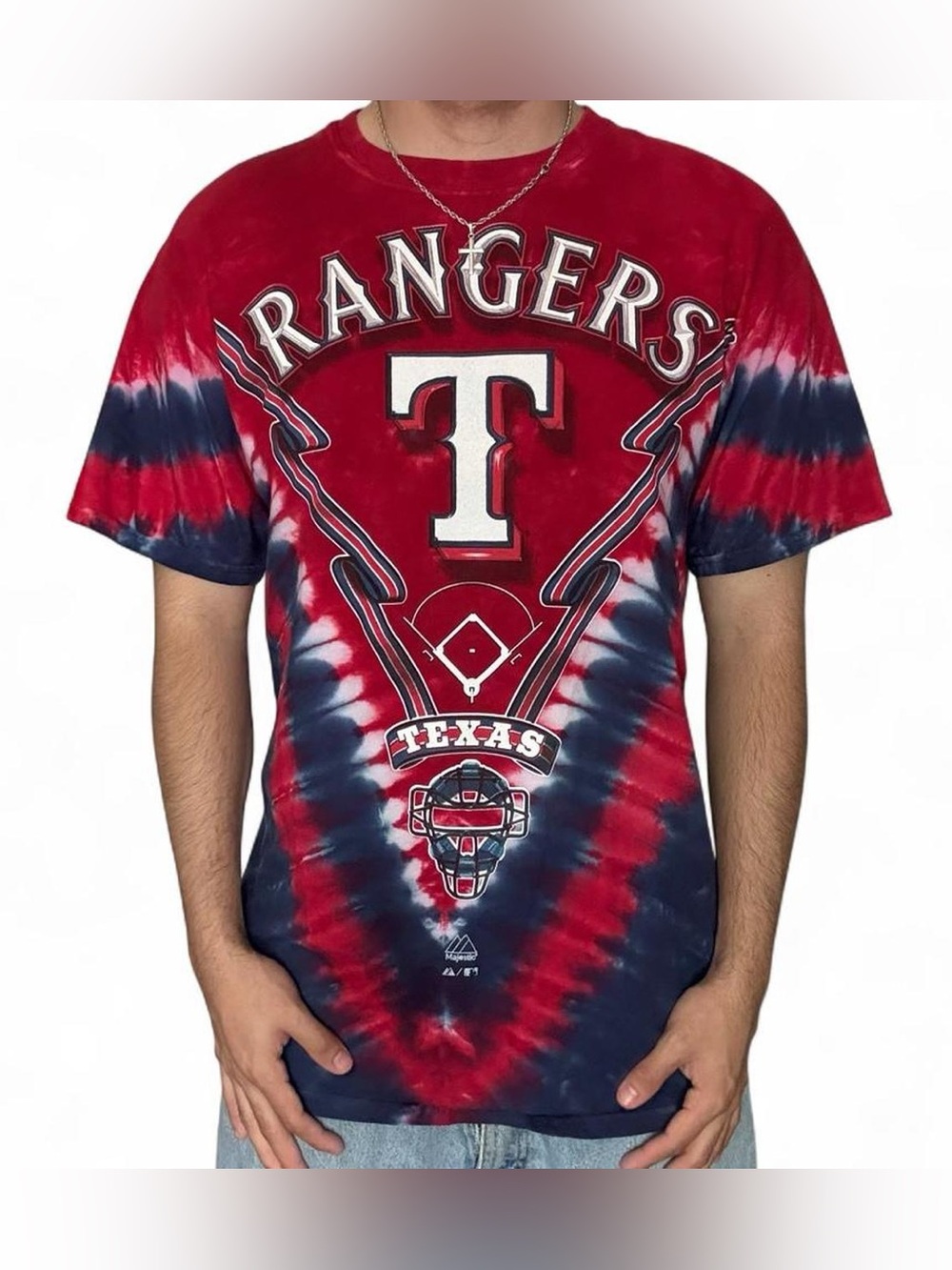 Vintage MLB Majestic Texas Rangers Baseball Tie Dye Graphic T-Shirt Size M USA